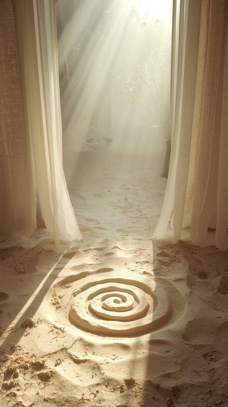 Spirale dans le sable entre des rideaux lumineux, illustration de l’hypnose ericksonienne